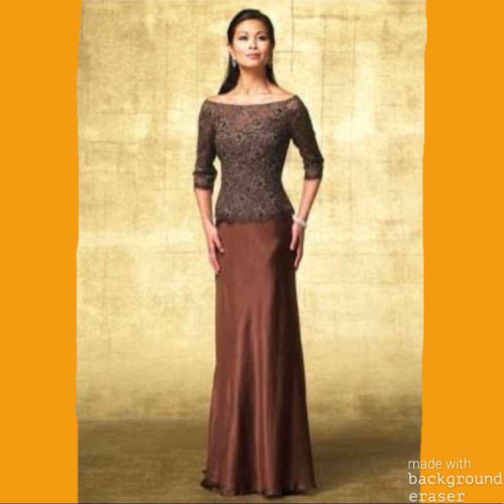 Jean de lys Brown Beaded Silk Floor Length Gown